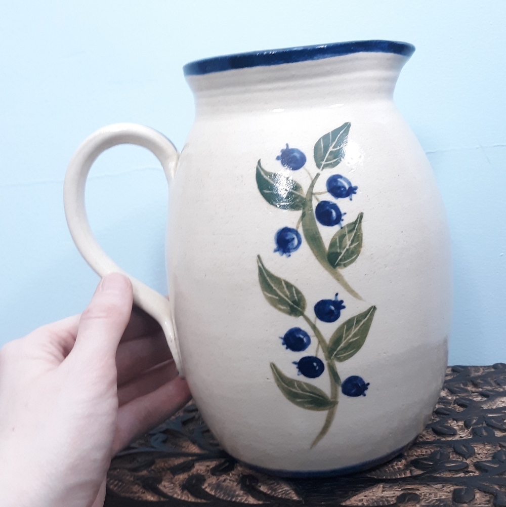 Vintage Pitcher Hand Thrown Studio Art Pottery Blueberries Blue White JoEl Maine - Picture 3 of 11